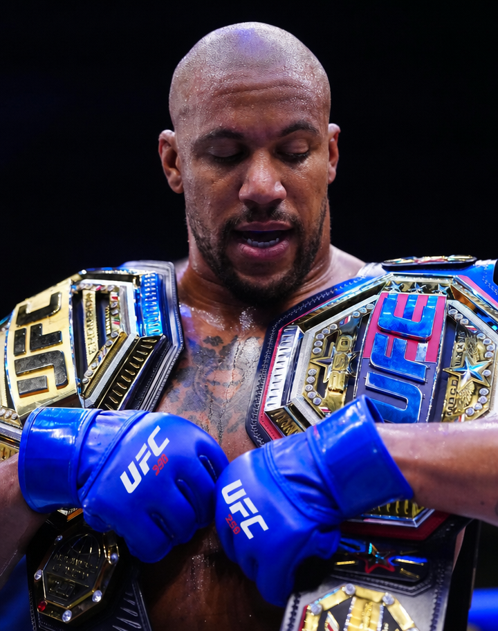 Ciryl Gane posing with championship belts on both shoulders.