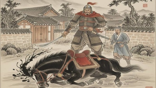 酒に酔った自身を妓生の家へと連れて行った愛馬の首を刀で切り落とした金庾信（キム・ユシン）将軍の逸話を描いた挿絵