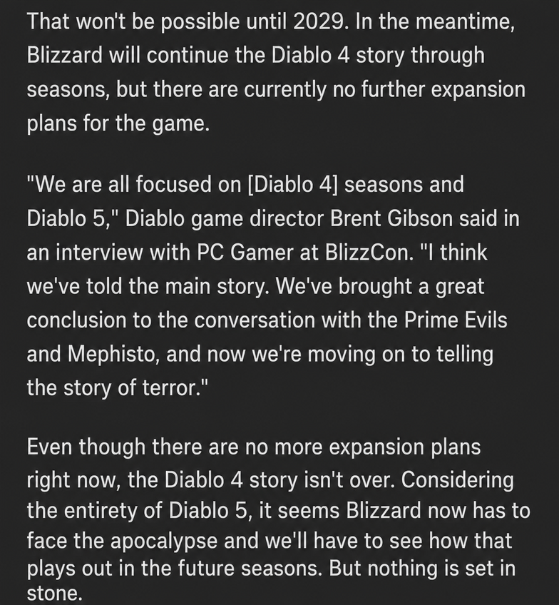 Screenshot of an interview article discussing Diablo 4's storyline progression, focus on Diablo 5 development, and the absence of additional expansions.