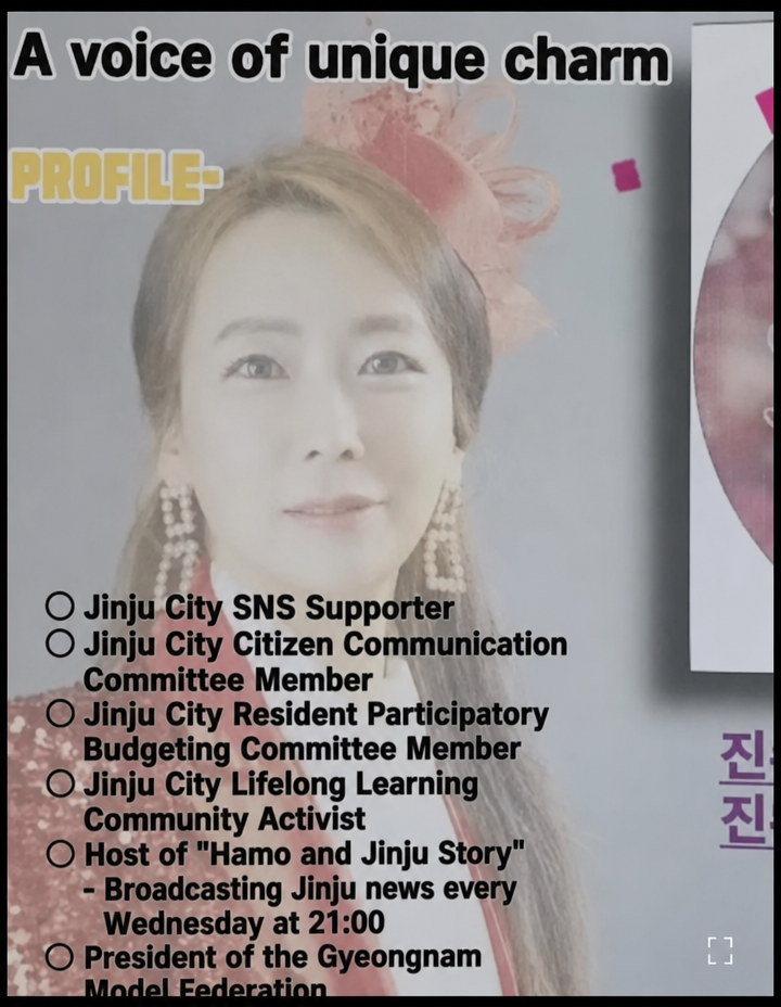 An informational profile flyer listing singer Kim Su-jin's background and various local community activity records such as Jinju City SNS Supporter.