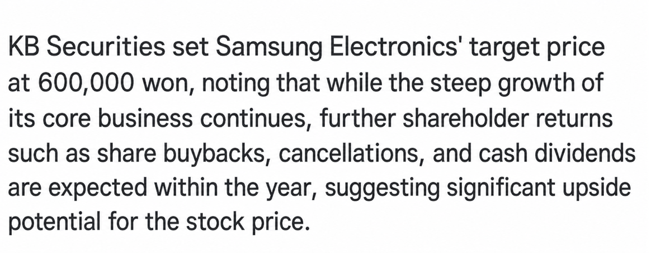 Screenshot of the article body showing a target price forecast of 600,000 won for Samsung Electronics