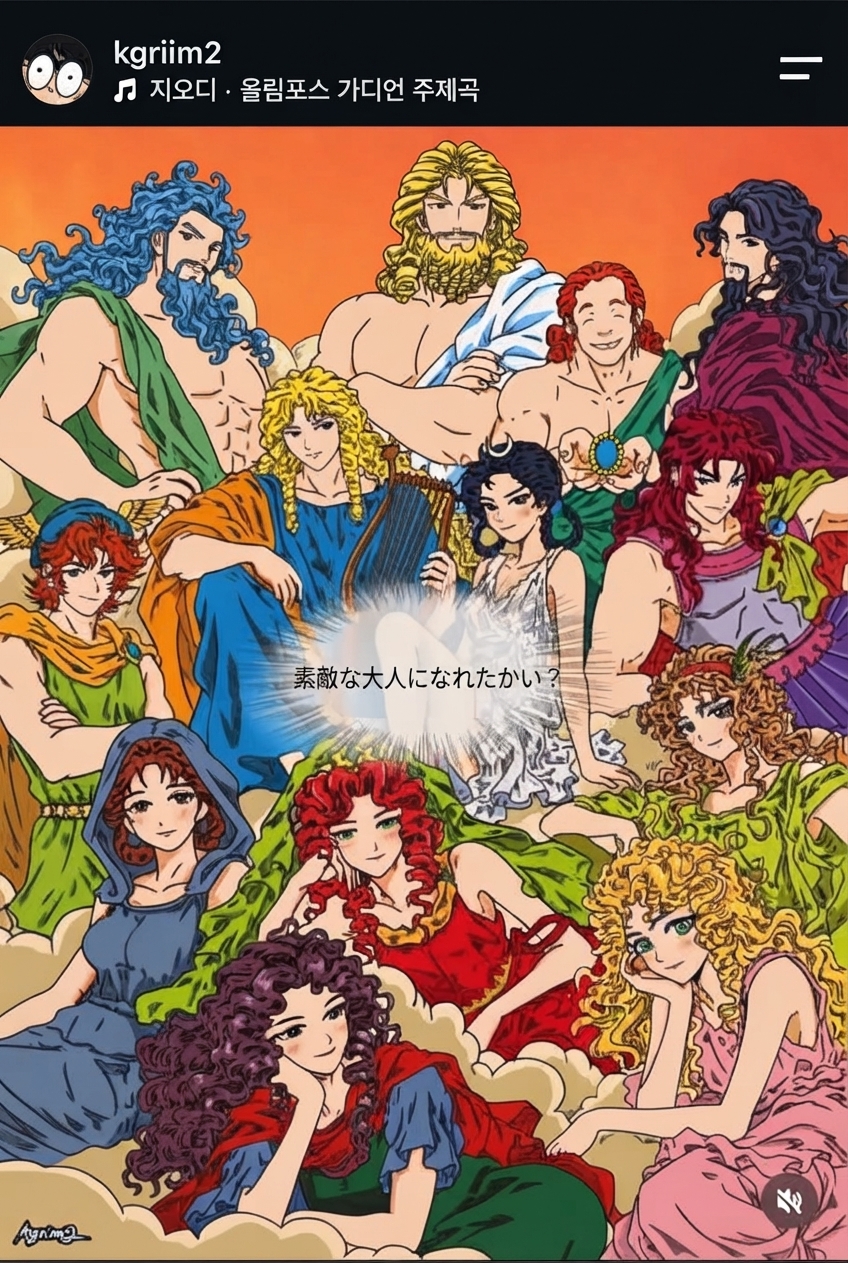 ギリシャ・ローマ神話のオリンポス十二神のイラストに「素敵な大人になれたかい？」という言葉が添えられたSNS投稿のスクリーンショット。