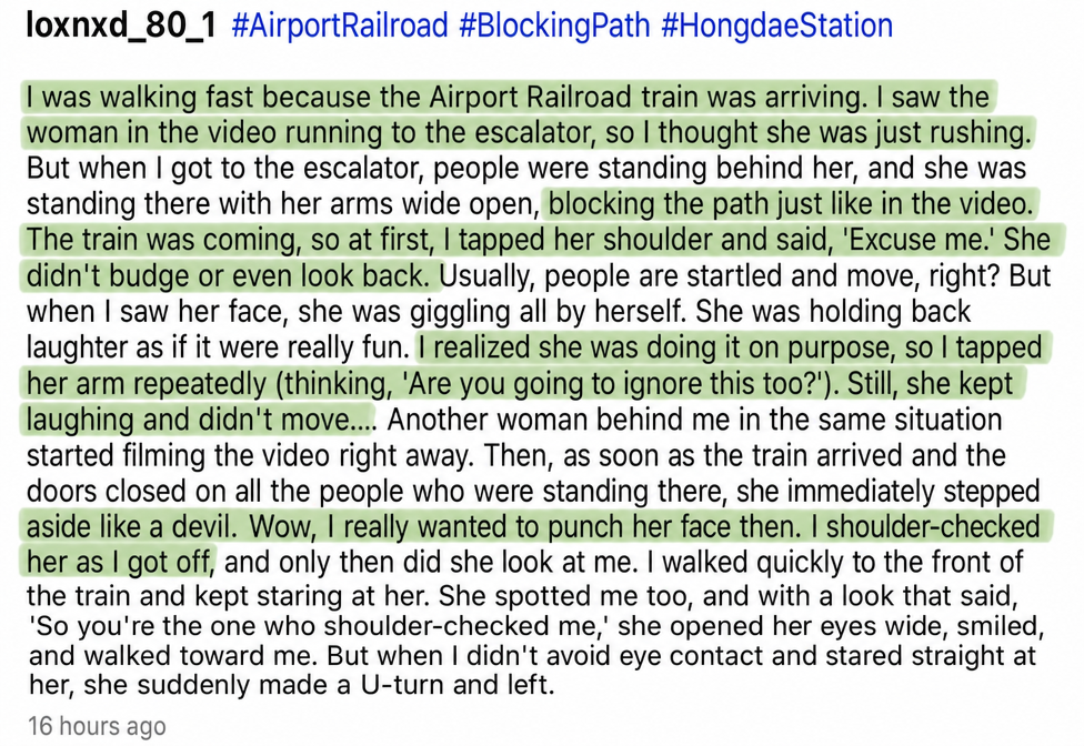A screenshot of a social media post describing the situation where a woman blocked the escalator while laughing.