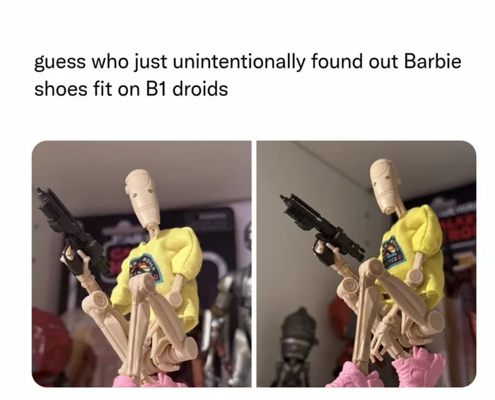 A Star Wars B1 battle droid figure posing with a blaster while wearing a yellow t-shirt and pink Barbie sneakers.