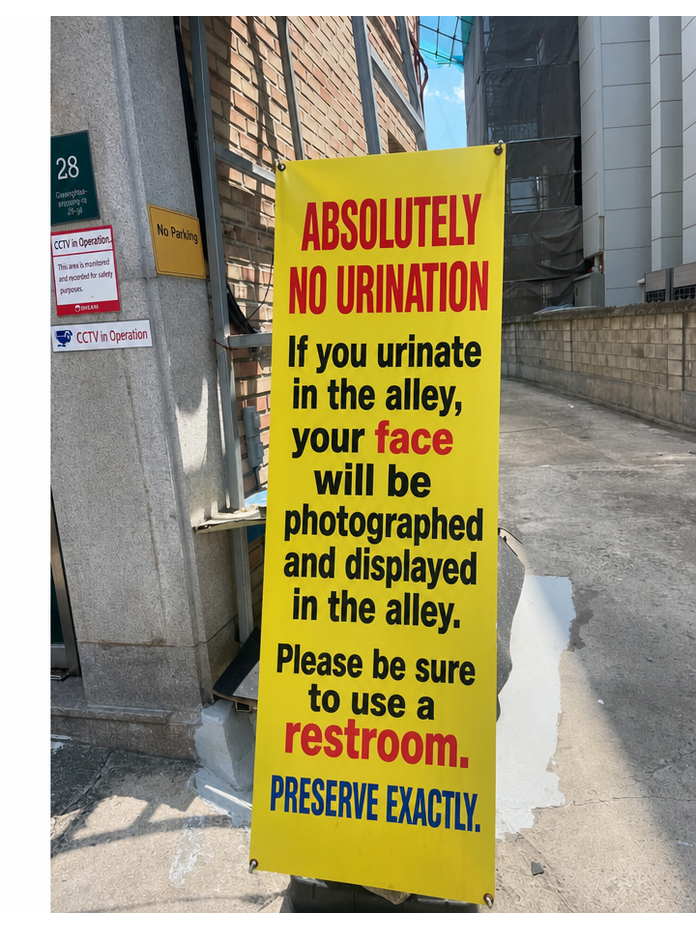 A yellow warning banner set up in an alley that says 'Absolutely No Urination.' It explains that if you urinate in the alley, you will be photographed and your photo will be displayed in the alley.