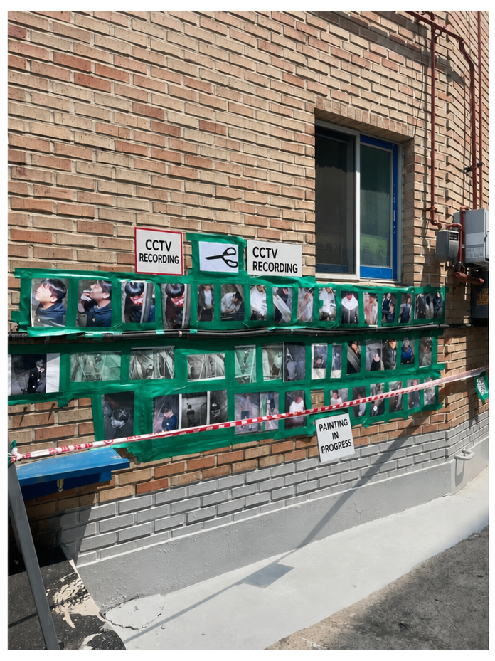 A view of a building wall plastered with CCTV captures of people caught urinating in the alley, all taped up with green tape.