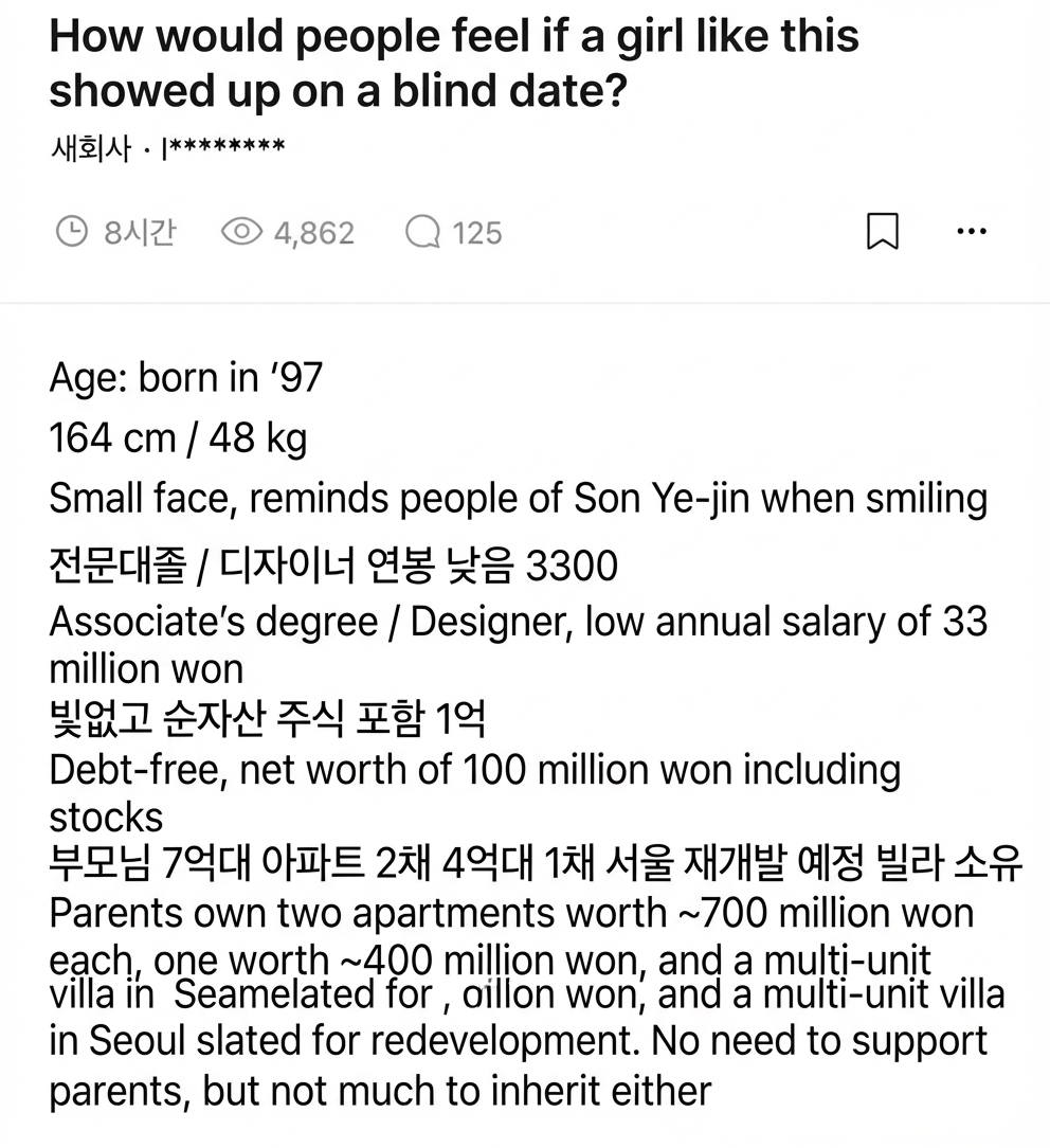Screenshot of an online workplace community post listing specs for a blind date: born in 1997, 164 cm, 48 kg, resembles Son Ye-jin when smiling, junior college graduate, designer making 33 million won, net worth of 100 million won, and parents owning multiple properties.