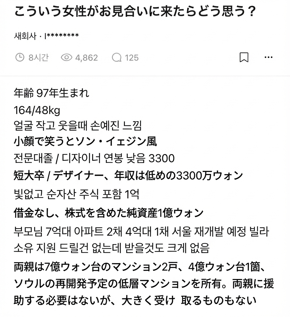 97年生まれ、身長164cm・体重48kg、笑うとソン・イェジン風、短大卒のデザイナーで年収3300万ウォン、純資産1億ウォン、両親が複数の不動産を所有しているなどのスペックが書かれた会社員コミュニティの投稿のキャプチャ画像。
