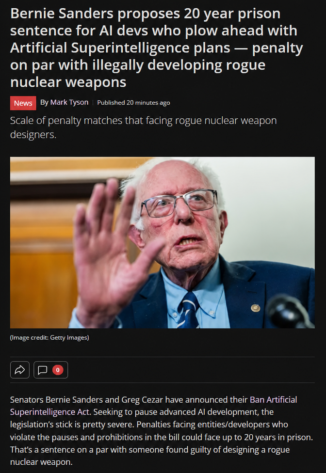 A screenshot of an English news article reporting that US Senator Bernie Sanders has proposed a bill imposing up to 20 years in prison for developers of artificial superintelligence.