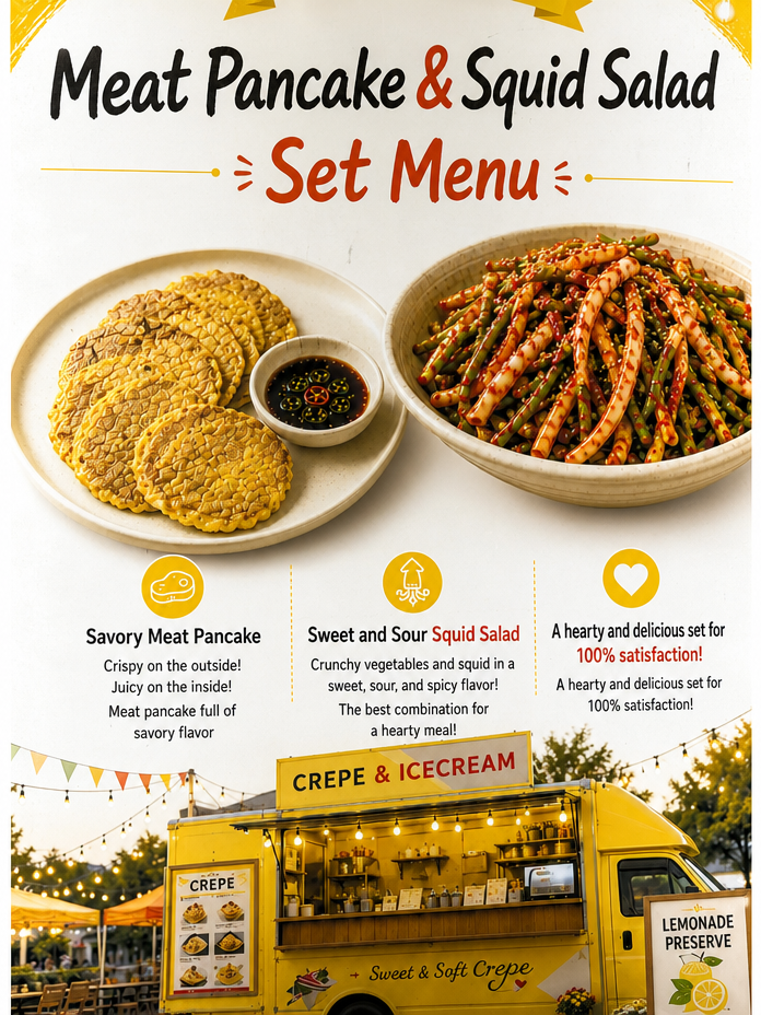 A set menu poster depicting a meat pancake with a strange grid pattern and a side of long vegetable salad.