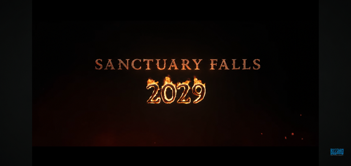 Teaser screen on a black background featuring the text SANCTUARY FALLS and 2029 in a fiery font.