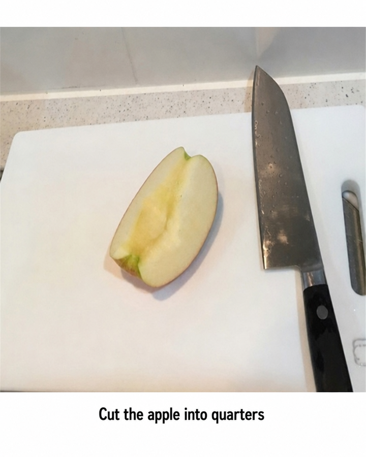 A photo of a quartered apple slice and a kitchen knife on a cutting board, with the text 'Cut the apple into quarters' at the bottom.