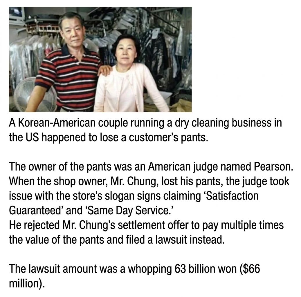 Photo of a Korean couple standing side by side against a dry cleaner backdrop, alongside text detailing a US judge customer filing a $66 million lawsuit over lost pants.
