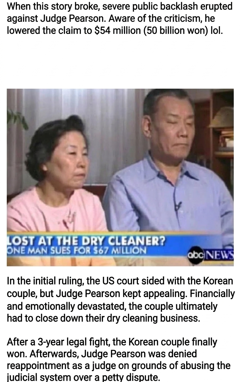 A screen capture of an ABC News broadcast interview with the Korean couple, accompanied by text explaining they won after a 3-year legal battle and the judge was denied reappointment.