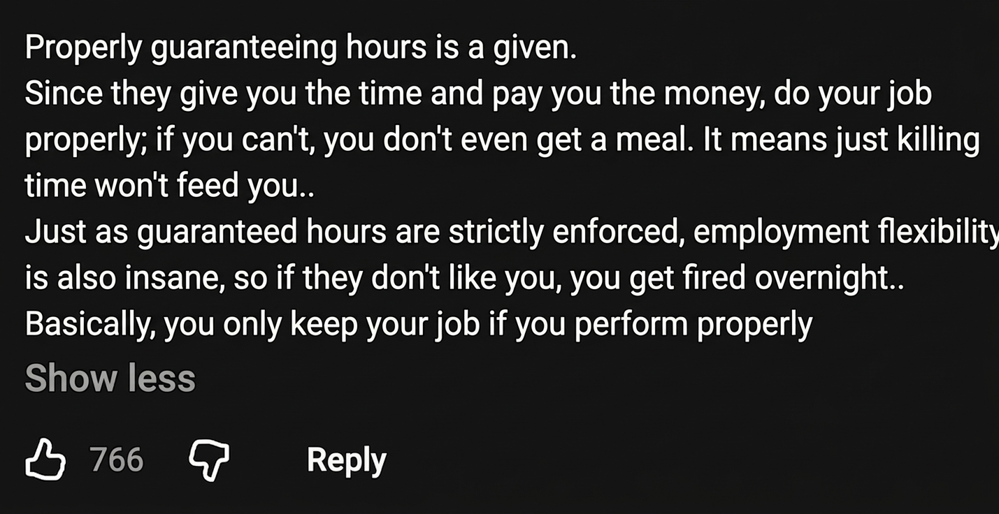 Screenshot of a YouTube comment stating that while hours are strictly guaranteed, employment flexibility is very high and workers get fired quickly if performance isn't up to par