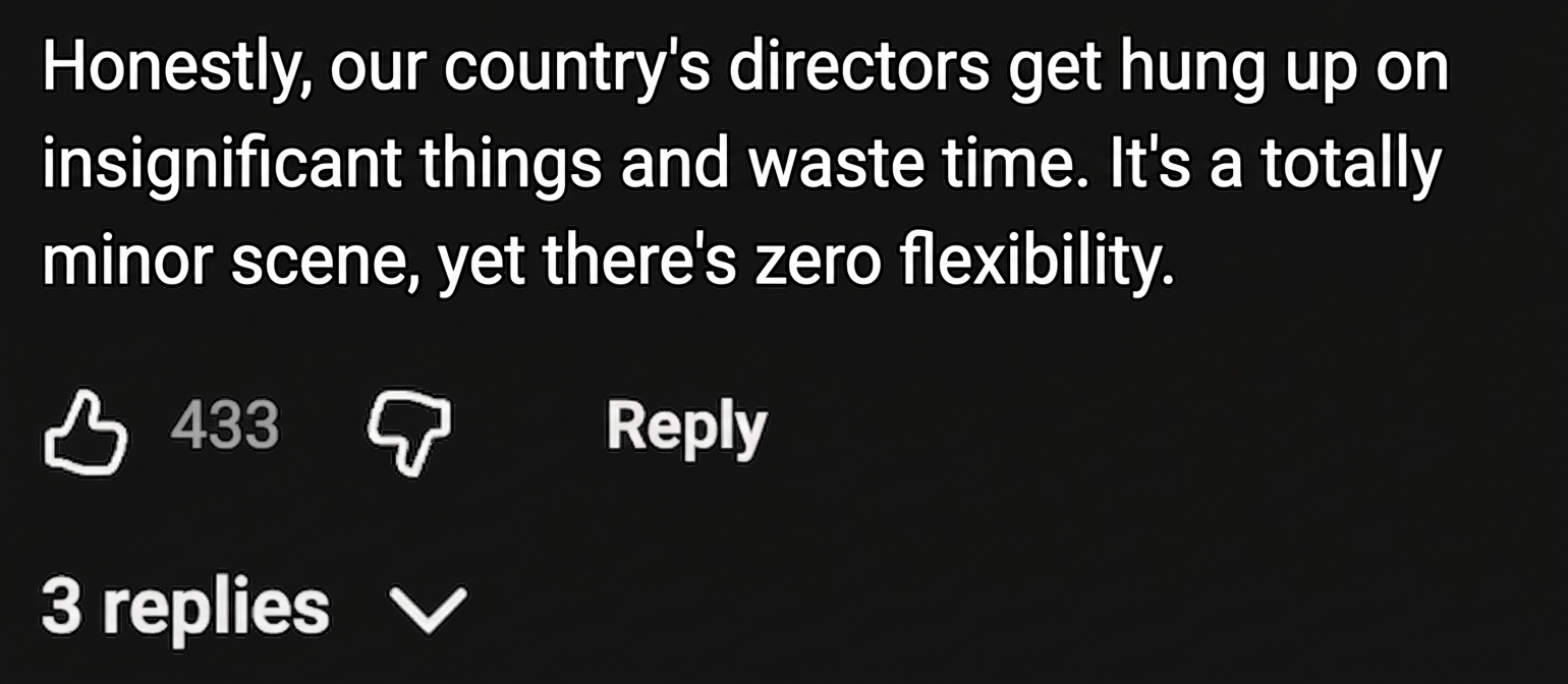 Screenshot of a YouTube comment criticizing Korean directors for getting obsessively fixated on minor details and wasting production time
