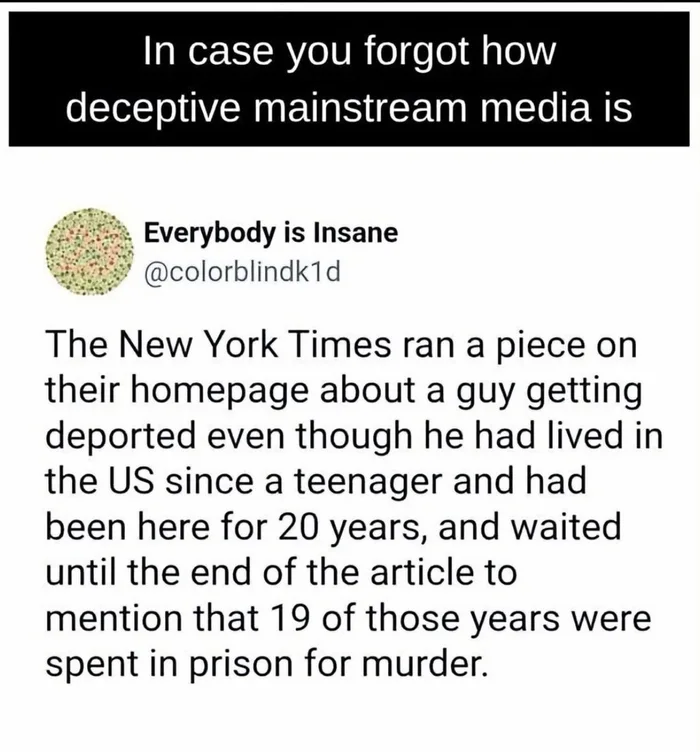 A social media screenshot detailing an article about a man deported after living 20 years in the US, with the twist that 19 of them were spent in prison for murder.