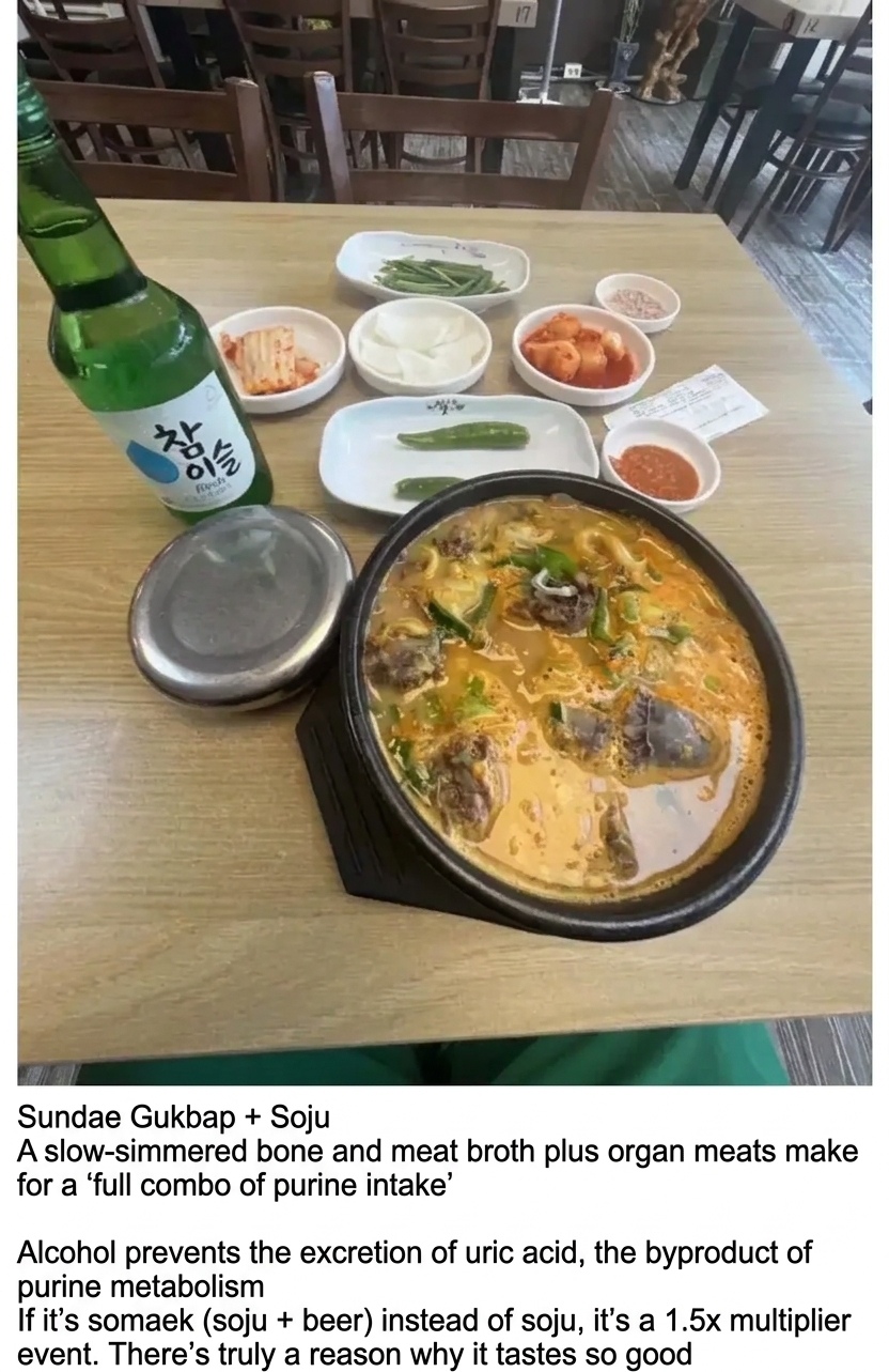 A photo of a bubbling hot bowl of sundae gukbap (blood sausage soup), a bottle of soju, and side dishes on a restaurant table, with text below explaining why combining sundae soup and alcohol is the worst for gout due to heavy purine intake and hindered uric acid excretion.