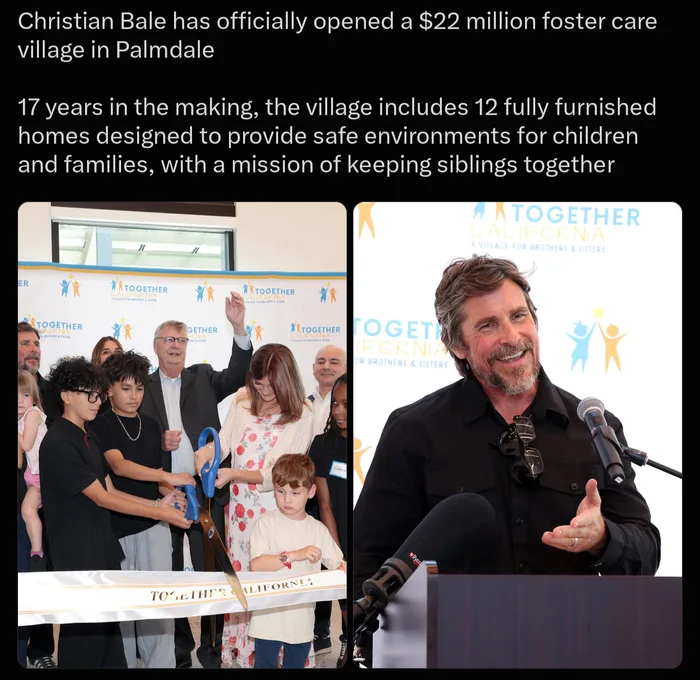 Christian Bale speaking at a podium alongside a photo of children and adults cutting an oversized ribbon for Together California.