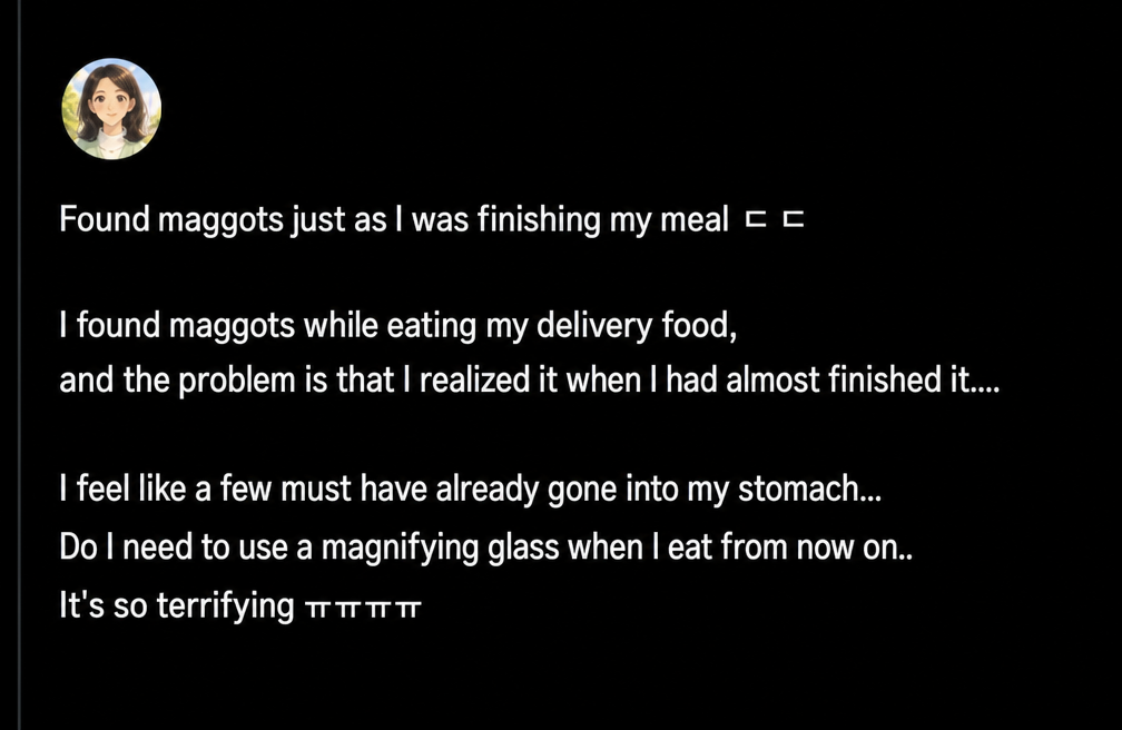 A screenshot of a post about finding maggots in delivery food almost after finishing it, expressing horror.