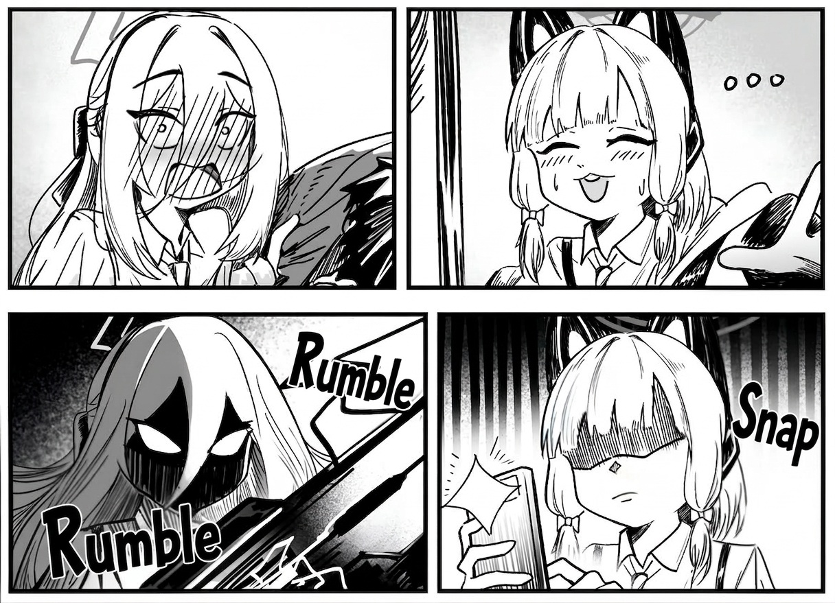 Kei turns bright red in utter shock while Momoi puts on a deadpan face and snaps a photo with her smartphone.
