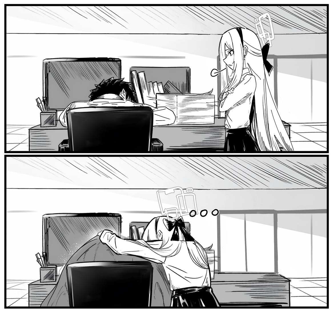 ブルーアーカイブの漫画で、机に突っ伏して眠る先生を見守り、上着をかけてあげるケイの姿