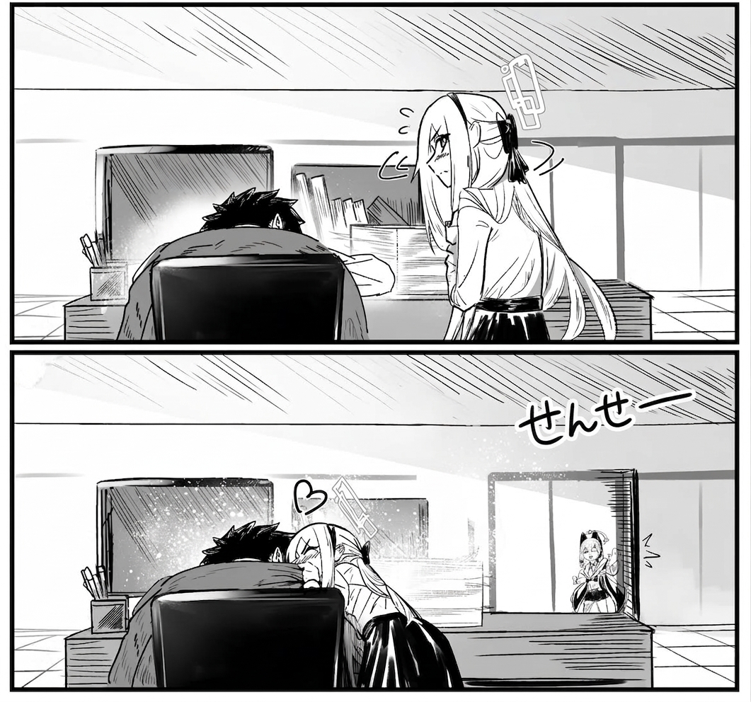 眠る先生の頬にこっそりキスをした瞬間、ドアを開けて入ってきたモモイにばったり見つかる場面
