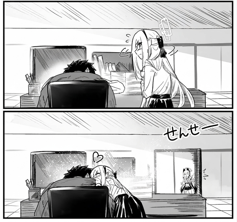 眠る先生の頬にこっそりキスをした瞬間、ドアを開けて入ってきたモモイにばったり見つかる場面