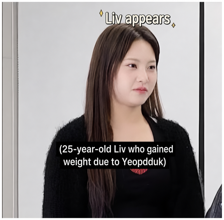 Screenshot with caption 'Liv appears (25-year-old Liv who gained weight due to Yeopdduk)'.