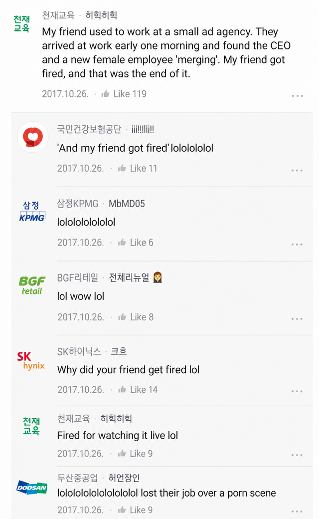 Screenshot of the Blind community. It shows a story about a friend who arrived at work early, witnessed a secret encounter between the CEO and a new female employee, and ended up getting fired, followed by comments from people bewildered by the situation.