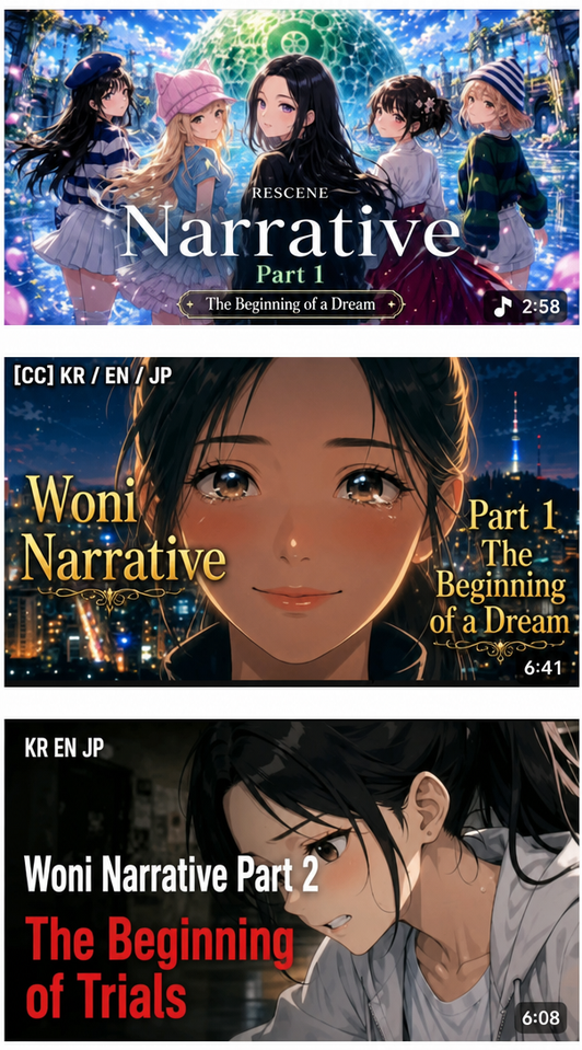 A collection of YouTube thumbnail screenshots. The videos are made with AI-generated art, featuring titles like 'Fairy-tale like Rescene narrative song', 'Woni Narrative Part 1: The Beginning of a Dream', and 'Woni Narrative Part 2: The Beginning of Trials'.