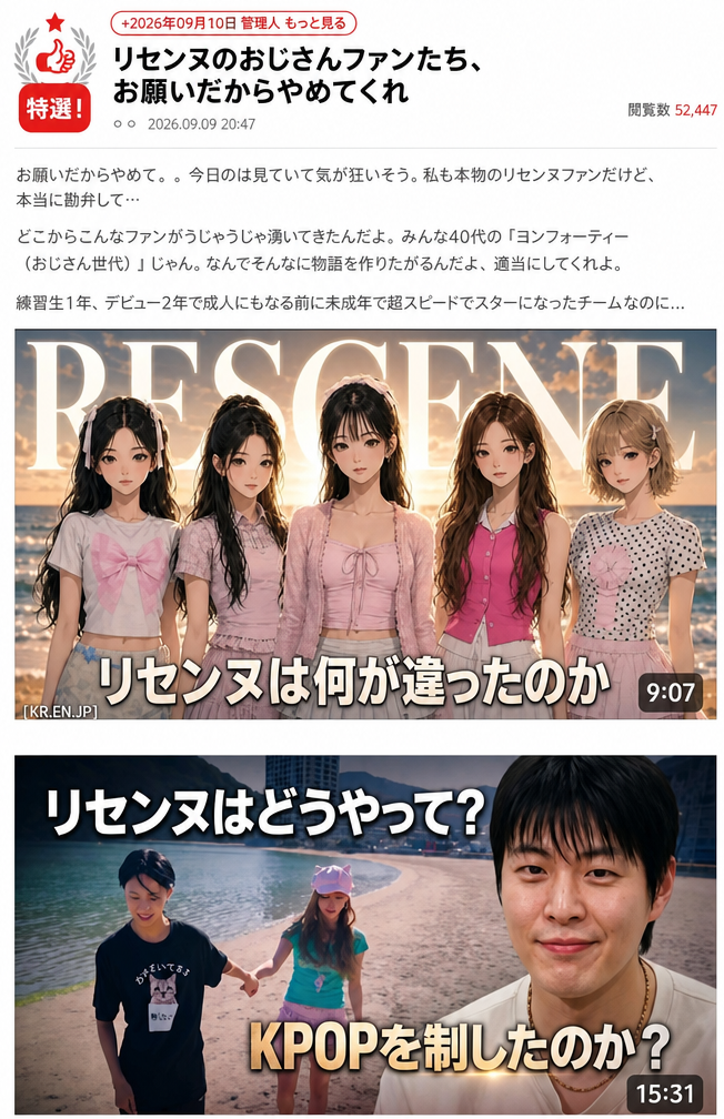 オンラインコミュニティ「ネイトパン」の投稿のスクリーンショット。リセンヌのおじさんファンに向けて、お願いだからやめてほしいと訴える投稿の冒頭と、YouTubeサムネイルの例が表示されている。