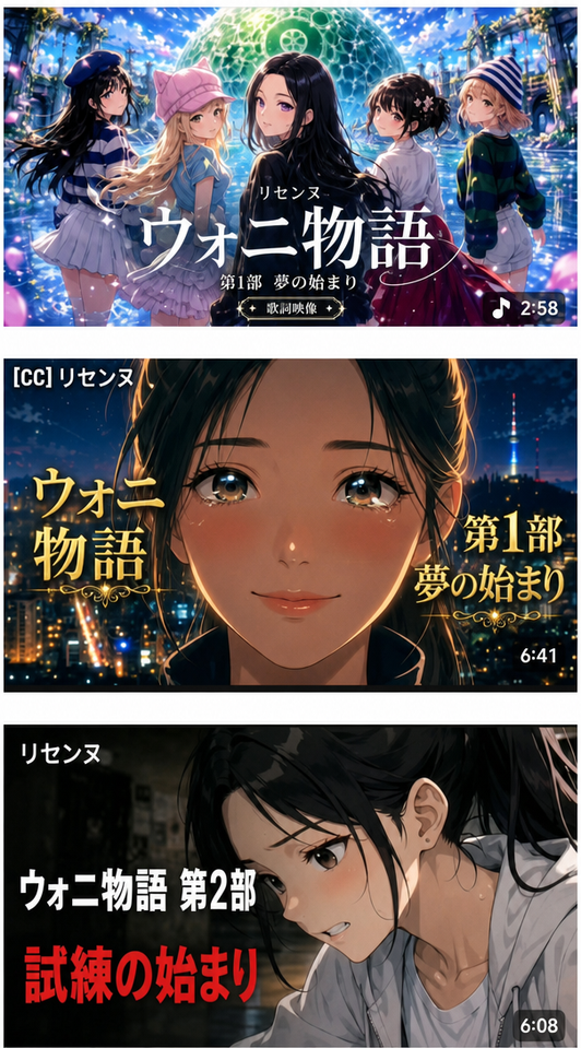 YouTubeサムネイルのスクリーンショット集。AIアートで制作された「童話のような君たち リセンヌ物語曲」、「ウォニ物語 第1部 夢の始まり」、「ウォニ物語 第2部 試練の始まり」などの動画。