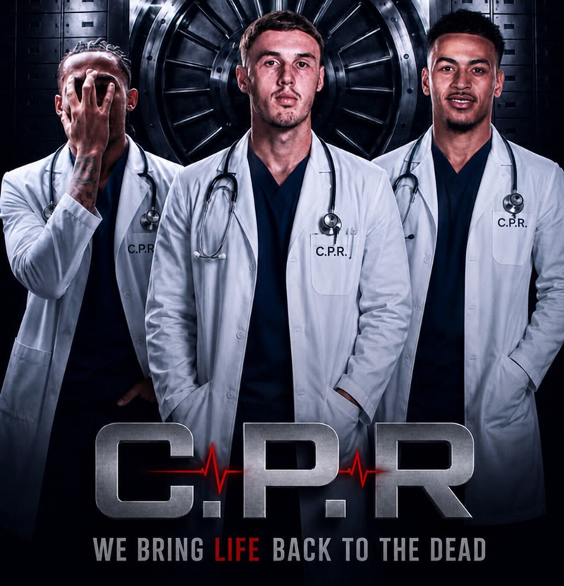Photo edit of three Chelsea players dressed as doctors with stethoscopes beneath the title C.P.R.