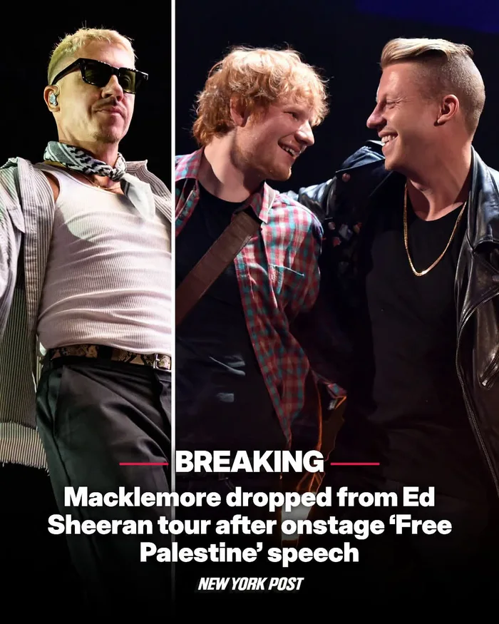 A news graphic from the New York Post showing Macklemore and Ed Sheeran with the headline reporting Macklemore being dropped from the tour after a 'Free Palestine' speech.