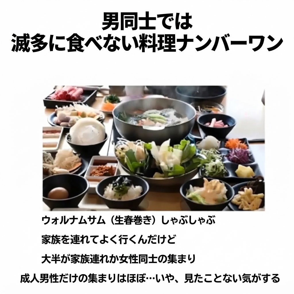 野菜とスープがテーブルいっぱいに並んだ生春巻きしゃぶしゃぶの写真とともに、家族連れや女性同士の集まりは多くても成人男性だけの集まりはほぼ見たことがないという文章が添えられた画像