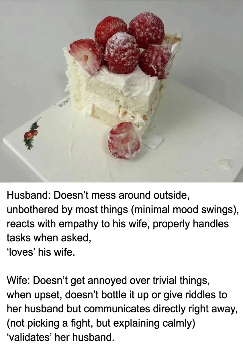 A slice of strawberry cake above text outlining the traits of a happy husband and wife.