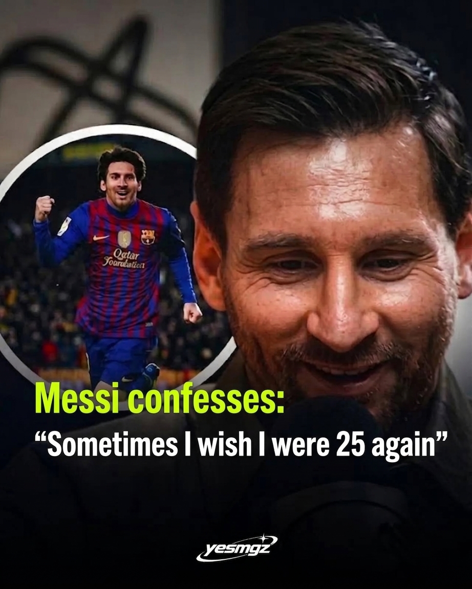 A graphic blending an image of Lionel Messi smiling during an interview with a photo of him cheering in his Barcelona uniform at age 25.