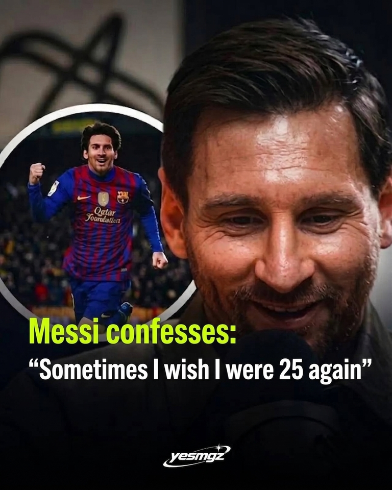 A graphic blending an image of Lionel Messi smiling during an interview with a photo of him cheering in his Barcelona uniform at age 25.