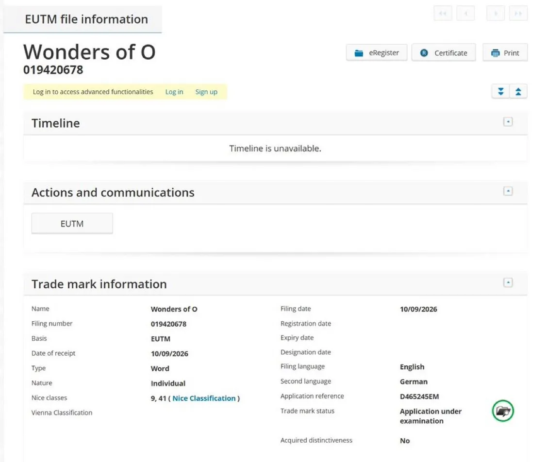EUTM trademark application screen for "Wonders of O" registered with the European Union Intellectual Property Office (EUIPO).