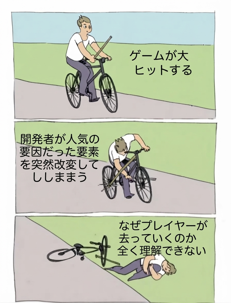 自転車の車輪に自ら木の枝を差し込んで転倒し、せっかく成功したゲームを台無しにしておきながら、なぜプレイヤーが去っていくのか不思議がるゲーム開発者を描いた3コマ漫画。