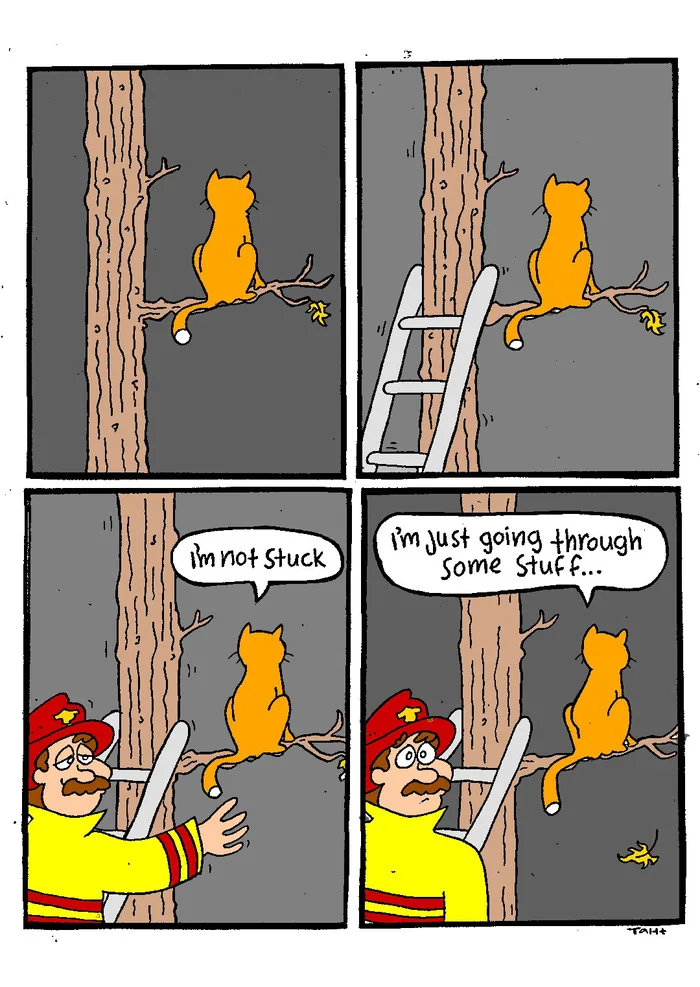 A four-panel comic showing a firefighter climbing a ladder up a tree to rescue an orange cat sitting on a branch, only for the cat to look back and say, "I'm not stuck. I'm just going through some stuff..."