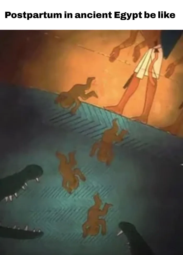 A scene from The Prince of Egypt showing babies being thrown into the Nile River toward crocodiles, captioned 'Postpartum in ancient Egypt be like'.