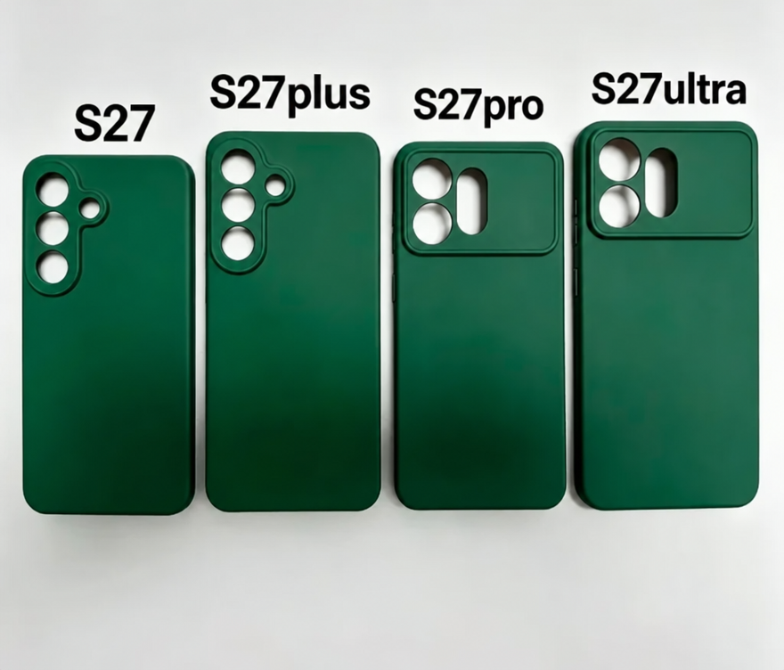 Four green silicone phone cases arranged side by side on a white background, labeled S27, S27plus, S27pro, and S27ultra at the top, with the right two models featuring a horizontal camera bump design.