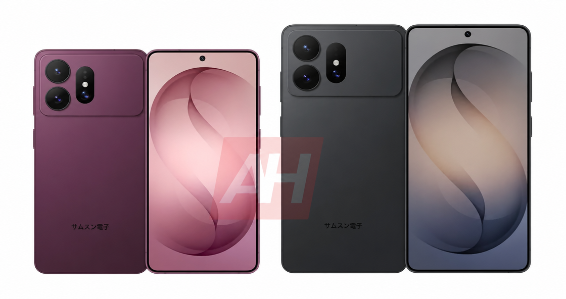 上部に長方形のカメラバンプが採用されたスマートフォンのレンダリング画像。左側に紫系端末の前面・背面、右側に濃いグレー系端末の前面・背面が並んでいる。