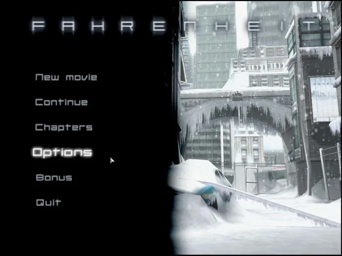 雪に覆われたニューヨークの街並みが映るビデオゲーム『ファーレンハイト』のメインメニュー画面