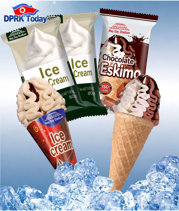 Ice cream sold in North Korea, including 'Chocolate Eskimo' packaging and a cone ice cream product