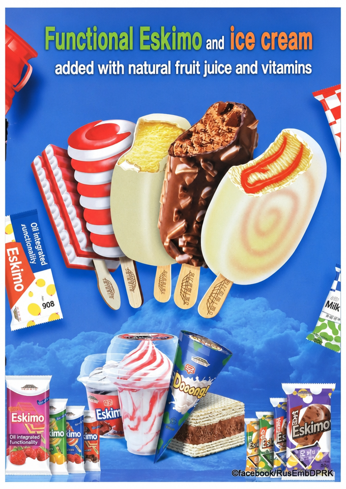 North Korean promotional poster for 'Functional Eskimo, Ice Cream' introducing various bar, tube, and cup ice cream products