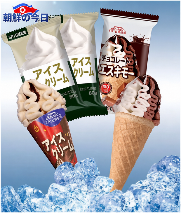 北朝鮮で販売されているアイスクリームや「チョコレートエスキモー」のパッケージ、コーンアイス製品