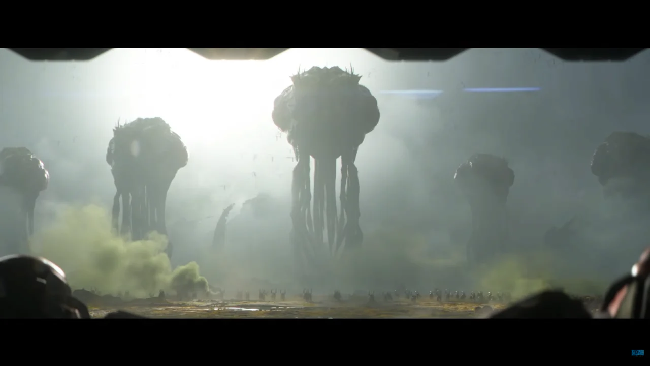 A cinematic shot showing a flock of giant Overlords floating in the mist